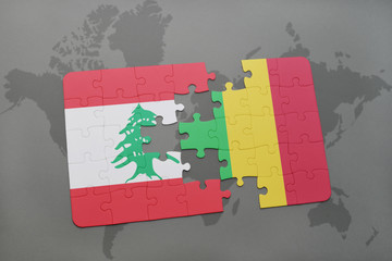puzzle with the national flag of lebanon and mali on a world map background.