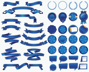 Set of Blue Ribbons and Certificate Seals and Badges