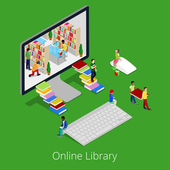 Isometric Online Library. People Reading Books Inside Computer. Flat 3d Educational Concept. Vector illustration