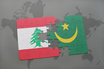 puzzle with the national flag of lebanon and mauritania on a world map background.