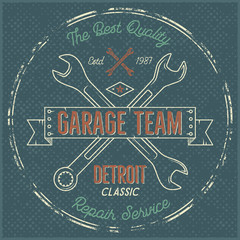 Fototapeta na wymiar Garage service vintage label, tee design. Detroit classic, repair service typography print. T-shirt stamp, teeshirt graphic, premium retro artwork. Use also as emblem, logo on web projects. Vector