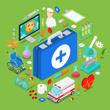 Isometric Medical Health Care Objects. Flat 3d Doctor Pills Chemical Objects. Vector illustration