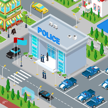 Isometric Police Department Building with Policeman and Police Car. Vector illustration