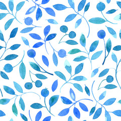floral seamless pattern with blue branches and berries.watercolor hand drawn illustration.white background.