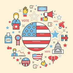 Naklejka premium USA Presidential Election 2016 Line Art Thin Vector Icons Set