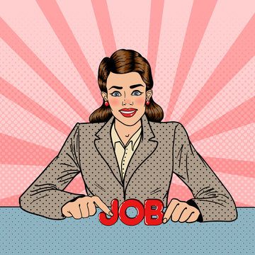 Young Smiling Woman with Letters Job. Pop Art vector illustration