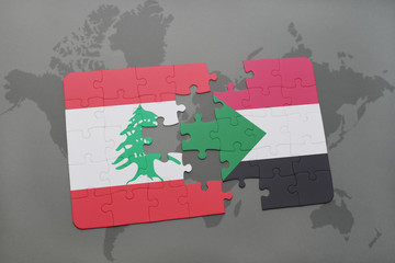 puzzle with the national flag of lebanon and sudan on a world map background.