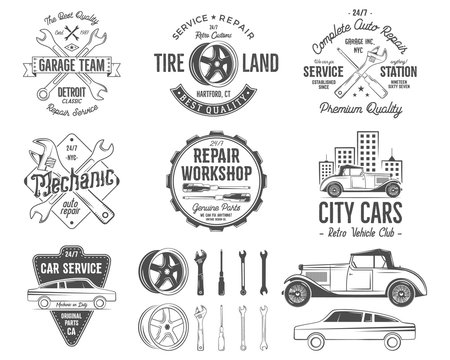 Vintage car service badges, garage repair retro labels and insignias collection. Included tire service icons and design elements. For repair workshop, classic cars auctions, clubs, tee shirt. Vector