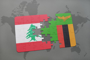 puzzle with the national flag of lebanon and zambia on a world map background.