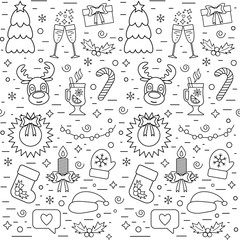 Isolated Christmas and New Year seamless pattern with traditional attributes in line style. Vector