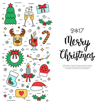 Christmas colored isolated concept, flyer, card with traditional attributes in line style with hand lettering inscription. Handwritten modern brush lettering. Flat design from linear icons. Vector