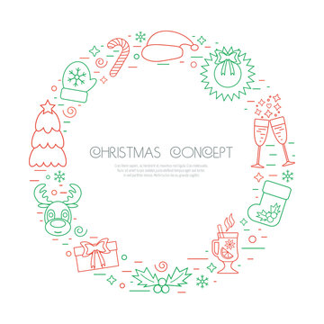 Colored Christmas holidays circle frame with traditional attributes in line style. Vector