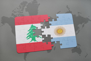 puzzle with the national flag of lebanon and argentina on a world map background.