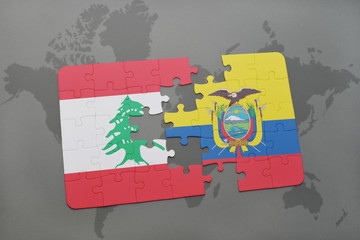 puzzle with the national flag of lebanon and ecuador on a world map background.
