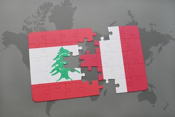 puzzle with the national flag of lebanon and peru on a world map background.