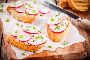 toasts with cream cheese, organic radish, onion and dill