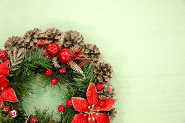 Christmas decorations Vintage Style. the concept of preparing for the holidays, turquoise shabby wooden table background. place for text, Top view, flat lay with copy space for slogan or text message.