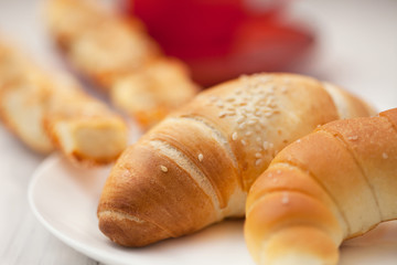 Morning breakfast with rolls and pastries