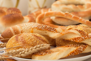 Composition with bread and rolls, combination of pastries for bakery or market with wheat