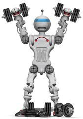 Humanoid robot with dumbbells. Isolated. 3D Illustration