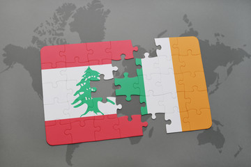 puzzle with the national flag of lebanon and ireland on a world map background.