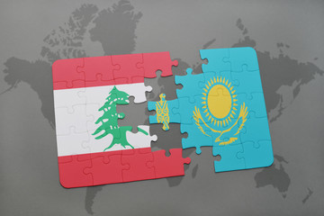 puzzle with the national flag of lebanon and kazakhstan on a world map background.