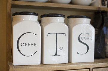 Set of labelled jars for tea, sugar and coffee
