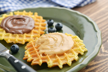 Belgian waffles with chocolate cream and peanut butter