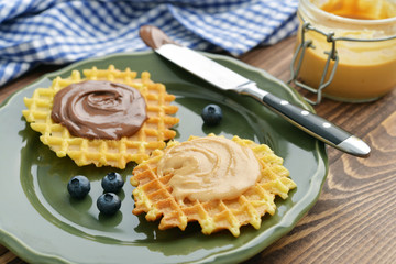 Belgian waffles with chocolate cream and peanut butter