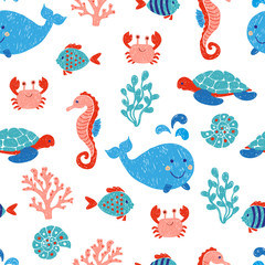 Schattig zeedieren naadloos patroon in blauwe en roze kleuren. Vectorachtergrond met kindertekeningen van walvis, schildpad, zeepaardje en vissen.