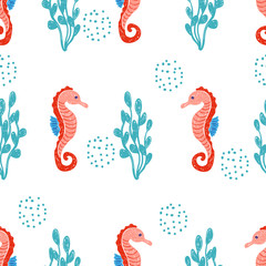 Sea horses seamless pattern. Vector marine background.  © Afanasia