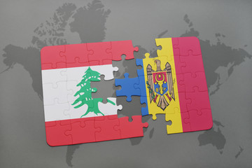 puzzle with the national flag of lebanon and moldova on a world map background.