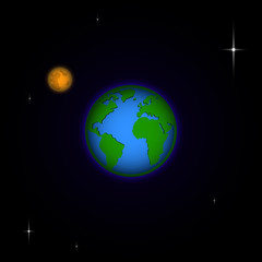 Earth and the full moon icon. View of Earth and Moon from Outer Space. Cosmos illustration.
