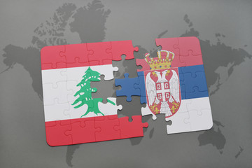 puzzle with the national flag of lebanon and serbia on a world map background.
