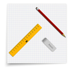 Set of sheet in cell, an eraser, a pencil and a ruler. Student supplies lying on the sheet of paper. Top view illustration.