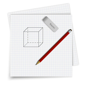 Set of sheet in cell, an eraser and a pencil. Geometrical figure drawn on paper. Student supplies image. Top view illustration.