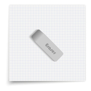 Rubber eraser lying on the sheet of paper. Student supplies image. Top view illustration.