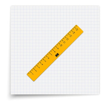 The yellow ruler lying on the sheet of paper. Student supplies image. Top view illustration.