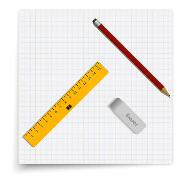 Set of sheet in cell, an eraser, a pencil and a ruler. Student supplies lying on the sheet of paper. Top view illustration.