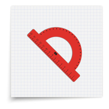 Red realistic protractor lying on the sheet of paper. Student supplies image. Top view illustration.