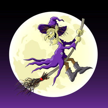 Cartoon witch on a broom flying in the background of the moon. Vector illustration.