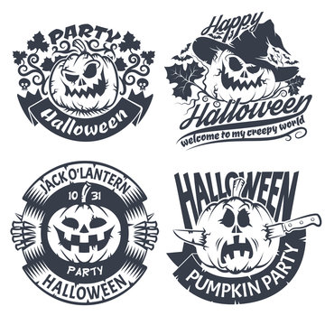Halloween emblem set. Original logo with pumpkins - jack-o'-lantern.