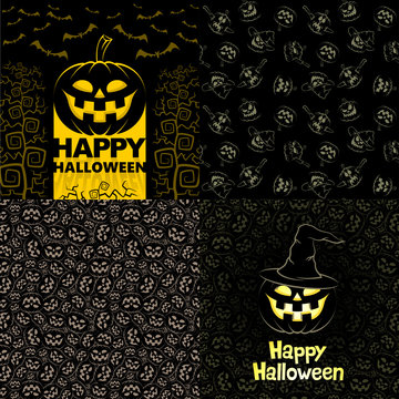 Halloween Party posters or invitations. Halloween seamless patterns. Postcards Happy Halloween.
