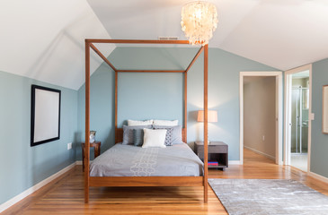Fototapeta na wymiar Bedroom with wooden bed and floor.