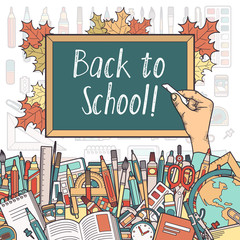 Hand amongst stationery writing on blackboard back to school. Layered vector illustration. Elements are drawn separately and can be extracted from the clipping mask.