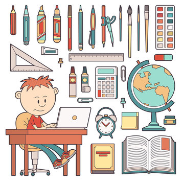 Schoolboy sits at a table with a laptop. School office supplies. Vector illustration.
