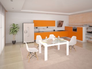 Stylish modern kitchen with orange furniture.