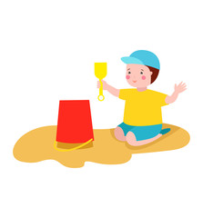 Kid playing sandbox vector illustration.