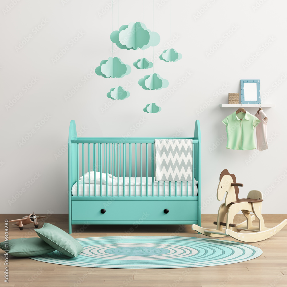 Wall mural modern baby's room with mint bed