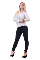 beautiful blond business woman standing over white background with copy space